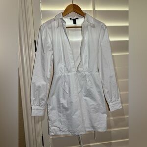 Forever 21 White Long Sleeve Deep Plunge Neckline Dress